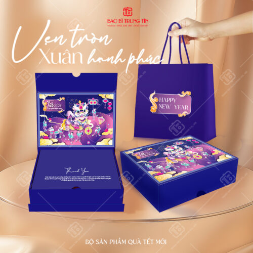 Hộp Quà Tặng Nắp Gập Xuân Bính Ngọ - Tết Vẹn Tròn Màu Xanh